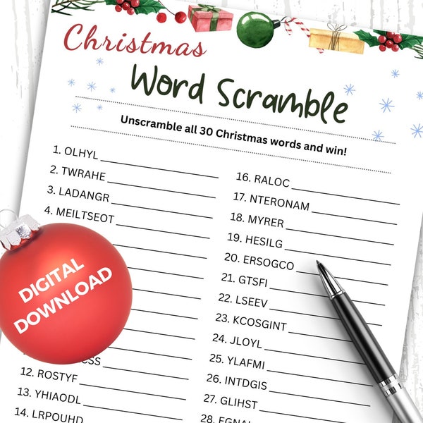 Unscramble Christmas Words Game, Holiday Word Scramble Printable Family Game, Office Party, Kids Adults, Digital File Instant Download PDF