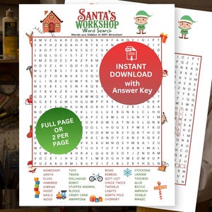 Könnte beinhalten: Ein druckbares Santa's Workshop-Suchsel-Puzzle mit einem Lösungsschlüssel. Das Design zeigt Elfen, ein Haus und Geschenkillustrationen. Der Text lautet "Sofortiger Download" und "Ganze Seite oder 2 pro Seite".