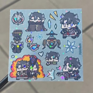 May include: A sheet of holographic stickers featuring various cartoon characters in different poses. The stickers have a light blue background with a variety of shapes and designs. The word "POKOBUN" is printed on the right side of the sheet.