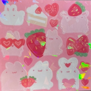 Niedlicher Holo Sticker Bogen Erdbeerhase