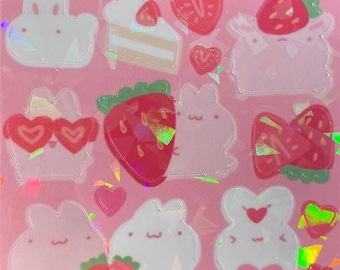 Cute Holographic Strawberry Bunny Sticker Sheet