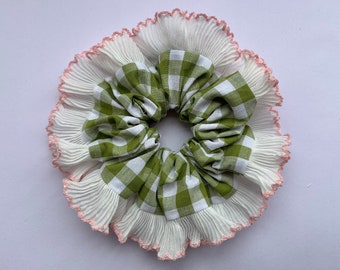 Olive green gingham frill scrunchie, white pink pleated trim, 15cm, ruffle