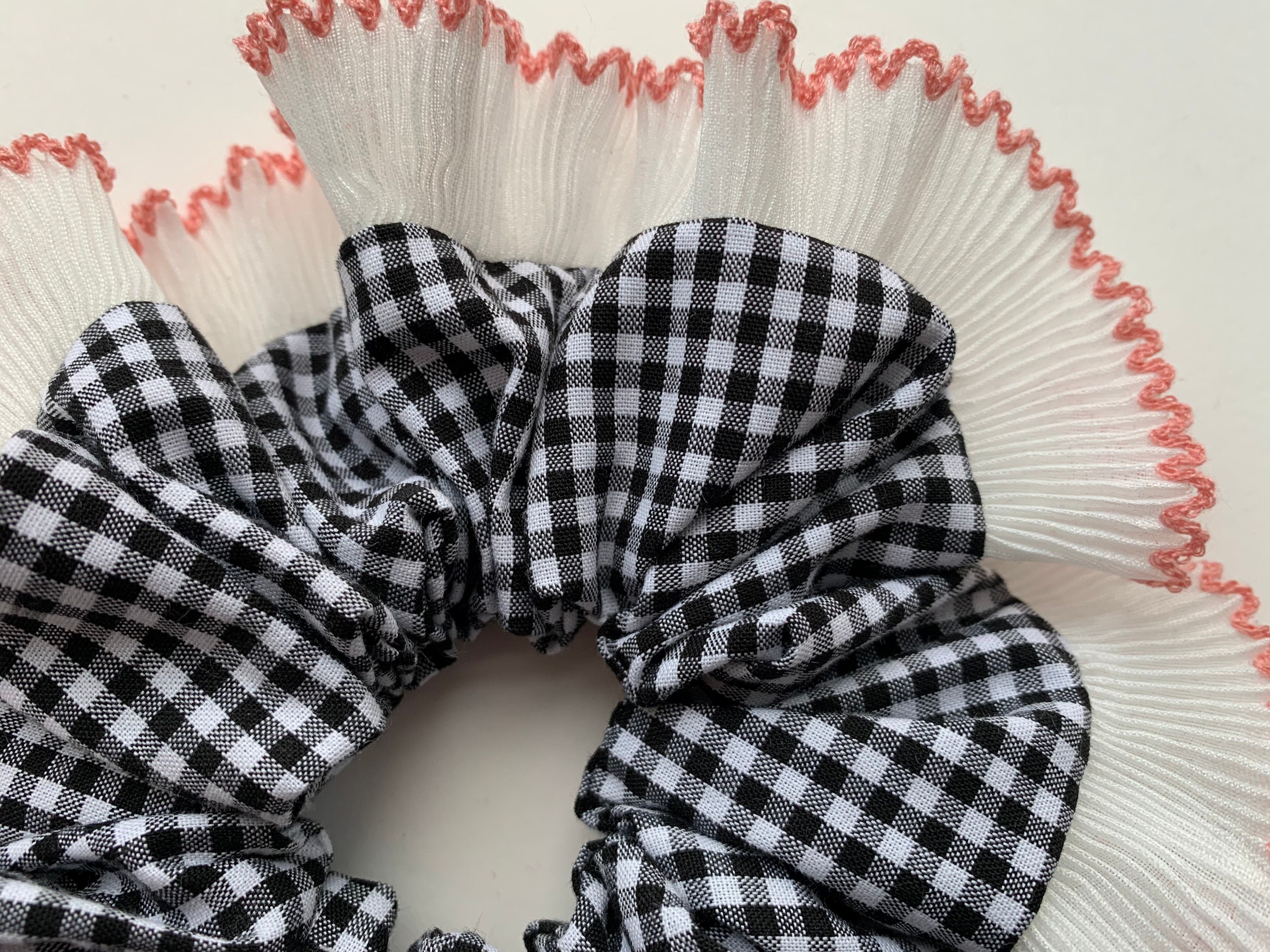 Black Gingham Frill Scrunchie White Pink Pleated Trim Mini - Etsy UK
