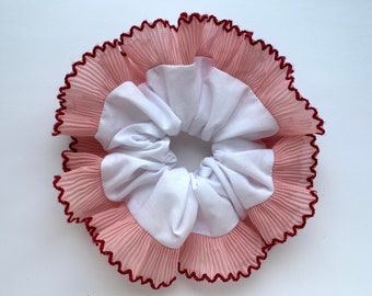 White and pink frill scrunchie, pink red pleated trim, large 15cm