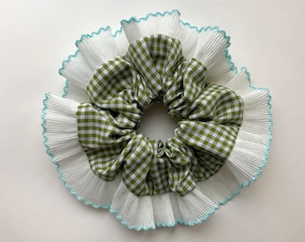 Olive green gingham frill scrunchie, white blue pleated trim, mini check