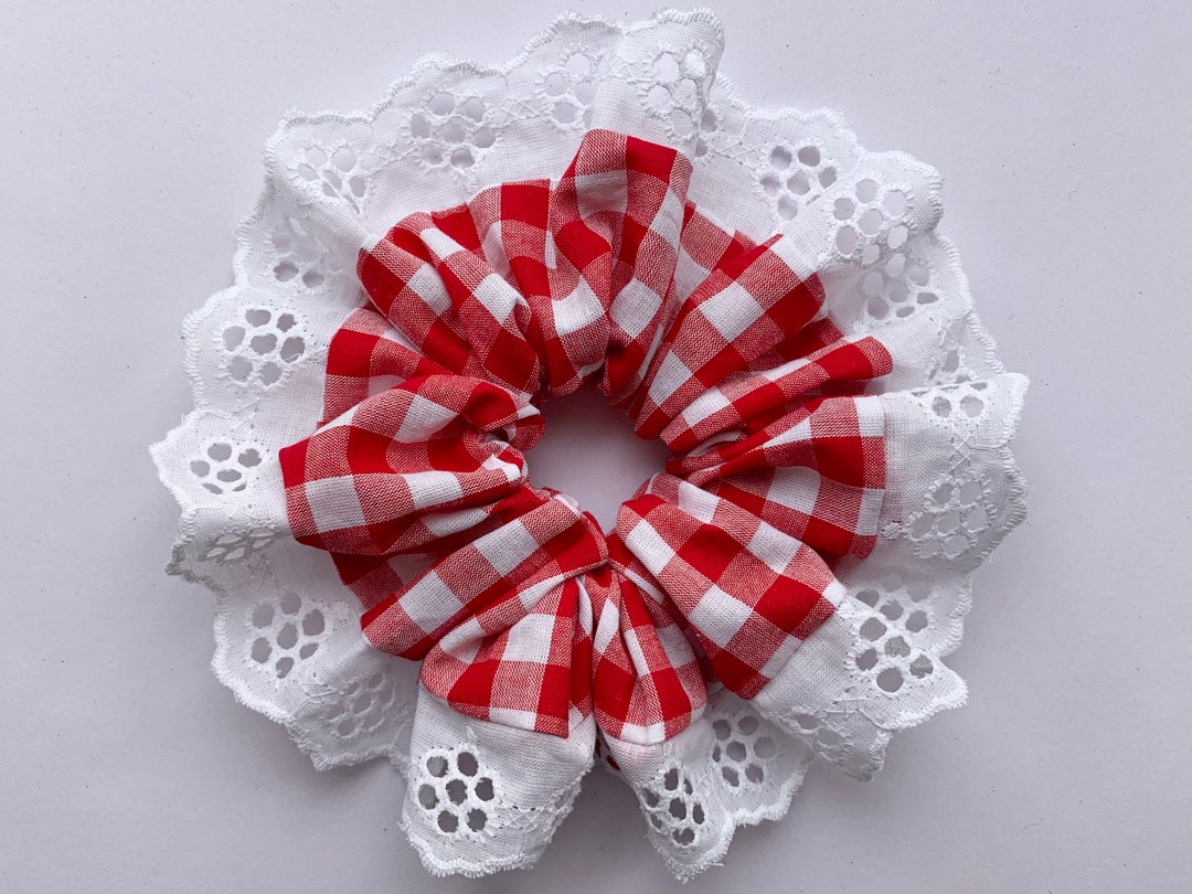 Red Gingham Scrunchie, Broderie Anglaise Trim, 100% Cotton - Etsy