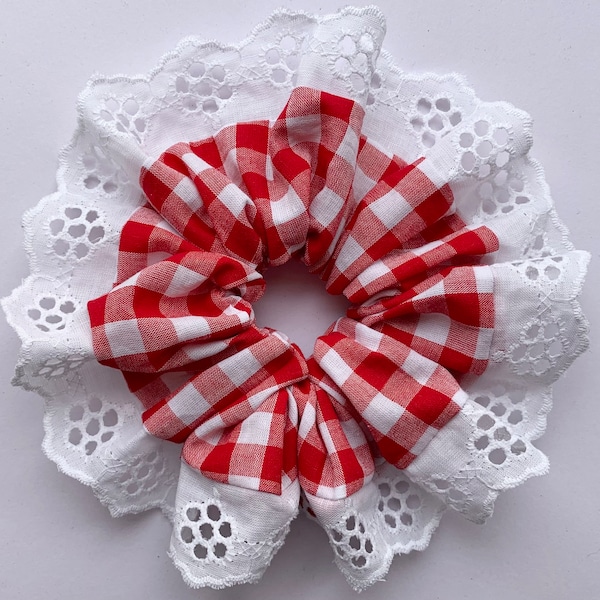 Red gingham scrunchie, broderie anglaise trim, 100% cotton