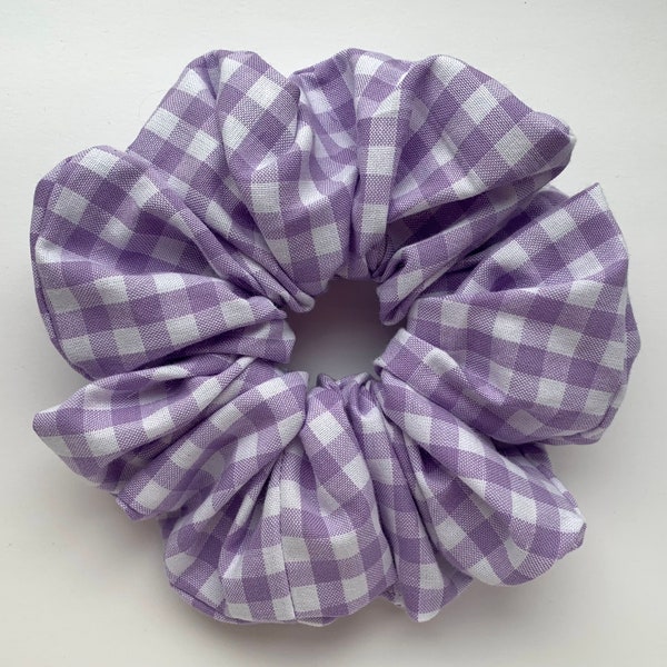 XL scrunchie lilac, gingham oversized, 15cm, purple white cotton