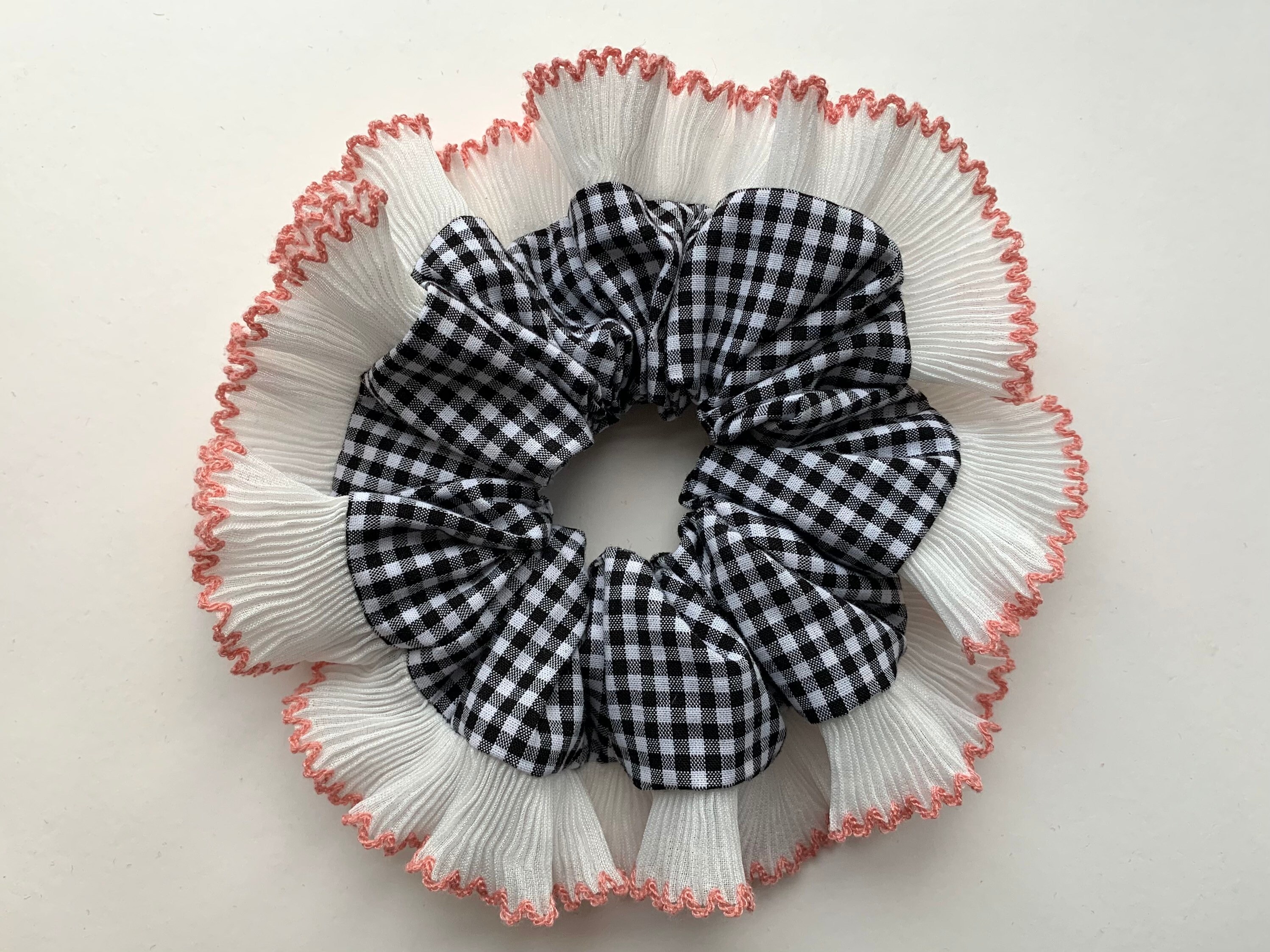 Black Gingham Frill Scrunchie White Pink Pleated Trim Mini - Etsy UK
