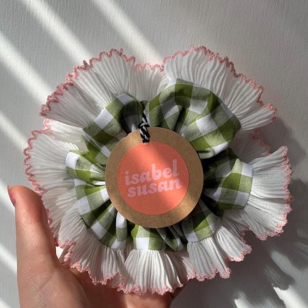 Frill scrunchie Olive green gingham, white pink pleated trim, 15cm