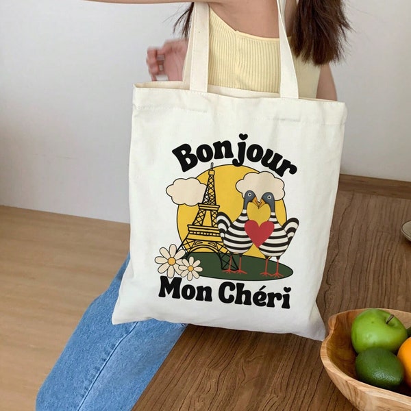 Bonjour Tote Bag Paris Canvas Tote Bonjour Mon Cheri Shopping Bag Summer Canvas Tote Eiffel Tower Print French Phrase Aesthetic Tote Bag