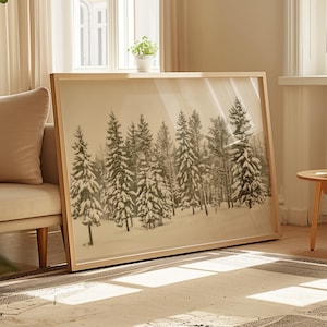 Vintage Pine Tree Print Winter Forest Sketch Neutral Christmas Decor Snowy Landscape Painting Xmas Tree Illustration Festive Wall Hanging