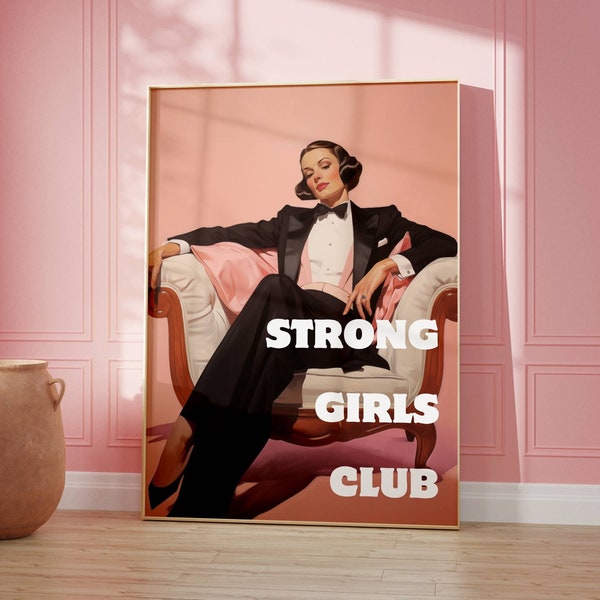 Strong Girls Club, impression rétro, art mural féministe, impressions féministes, affiche du féminisme, art mural rose, droits des femmes, choix professionnel, autonomisation des femmes