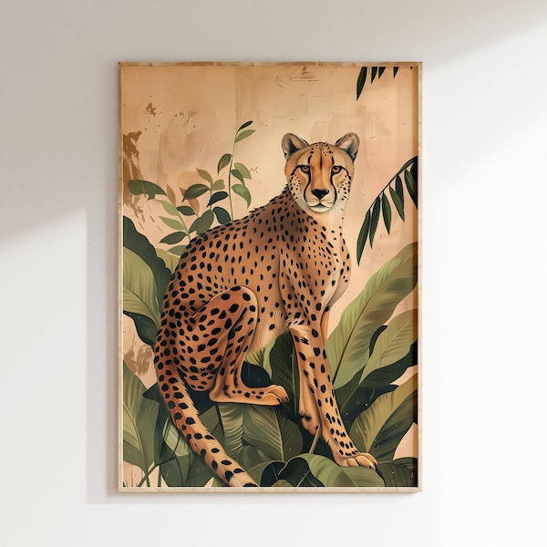 Cheetah Jungle Print Leopard Wall Art Tropical Decor Cheetah Print Vintage Leopard Painting Botanical Cheetah Poster Safari Animal Art Print