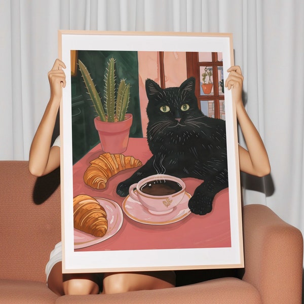 "Schwarze Katze mit Kaffee Poster ""Croissant"" Prints für die Küche ""Katze"" Poster für die Küche"
