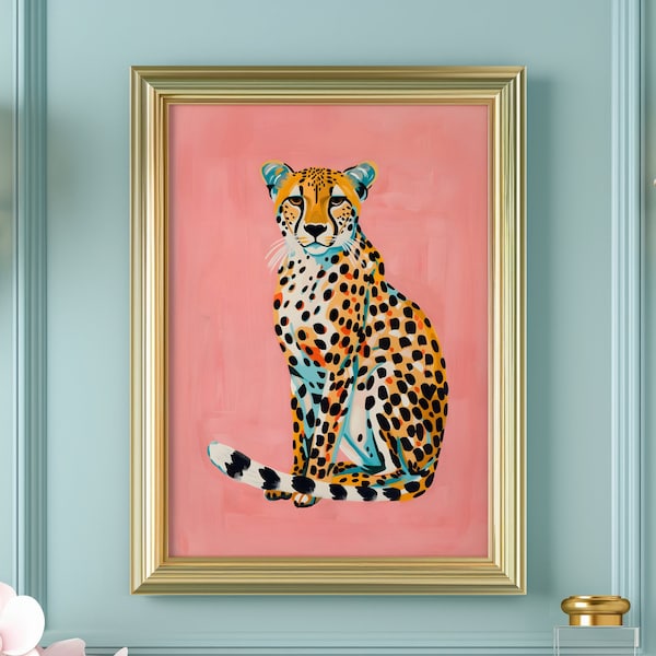 Pink Cheetah Print Eclectic Cheetah Wall Art Preppy Leopard Poster Bohemian Animal Painting Quirky Dorm Decor Maximalist Big Cat Art Prints