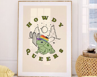 Howdy Queers Print, Queer Cowboy Frog, Gay Pride Gifts, Retro Cottagecore Decor, Lesbian Transgender Bisexual Pansexual Art, Queer Artists