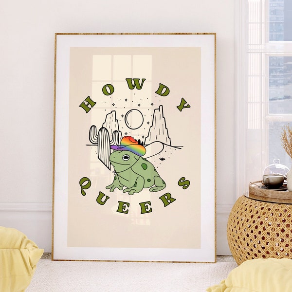 Howdy Queers Print, Queer Cowboy Frog, Gay Pride Gifts, Retro Cottagecore Decor, Lesbian Transgender Bisexual Pansexual Art, Queer Artists