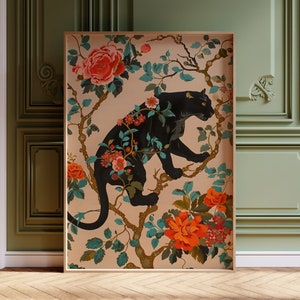 Panther Art Print Black Panther Wall Art Vintage Jungle Print Floral ...
