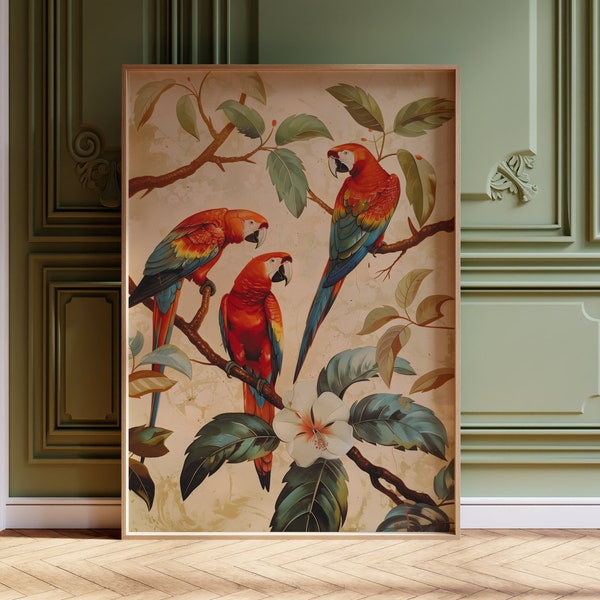 Vintage imprimé perroquet perroquet botanique peinture ara rouge perroquet art mural déco animal jungle oiseaux tropicaux impression perroquet antique affiche