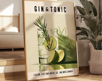 Gin & Tonic Print Retro Cocktail Poster Gin and Tonic Wall Art Bar Cart Prints Gin and Tonic Gifts Bar Decor Gin Cocktail Recipe Print