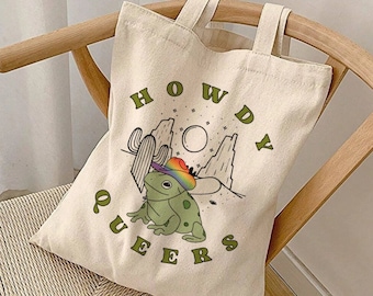 Howdy Queers Tote Bag Cowboy Frog Pride Totebag Queer Pride Bag Funny Gay Rights Print Support Trans Youth Lesbian Pride Pansexual Tote Bag