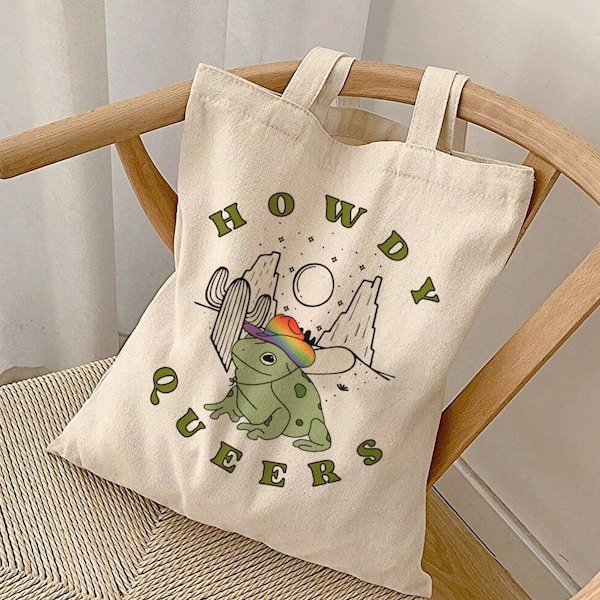 Howdy Queers Tote Bag Cowboy Frog Pride Totebag Queer Pride Bag Funny Gay Rights Print Support Trans Youth Lesbian Pride Pansexual Tote Bag