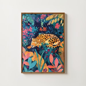 Impresión de guepardo durmiendo Arte de pared ecléctico de guepardo Póster de leopardo preppy Pintura de animales boho Decoración de dormitorio peculiar Arte maximalista de grandes felinos