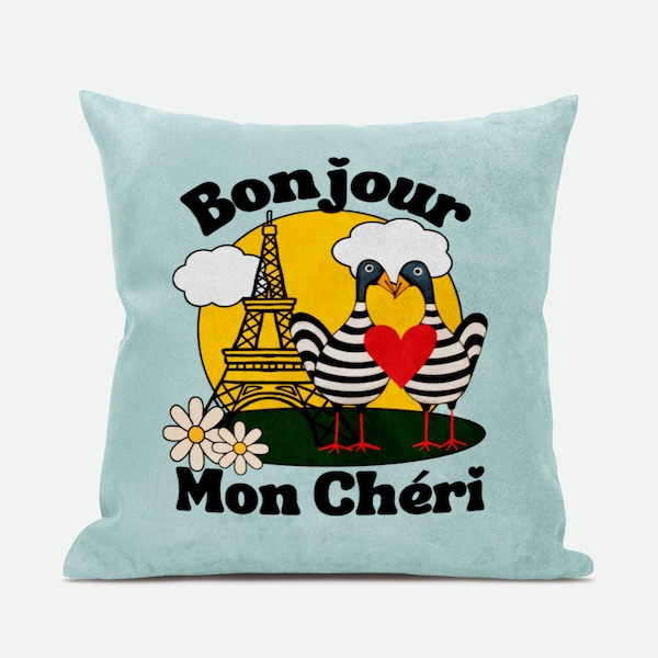 Bonjour Mon Cherie Cushion, French Cushion, Green Throw Cushion, Paris Cushion, Eiffel Tower Pillow, Girlfriend Gift, Valentines Gift