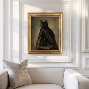 May include: A framed painting of a black cat wearing a black cape and sitting on a stool. The cat has a gold collar with a bell.