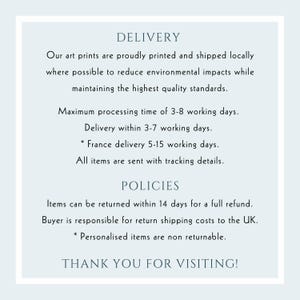 May include: Text on a white background with blue accents. The text reads "DELIVERY" and includes information about shipping and return policies. The text also includes the phrase "THANK YOU FOR VISITING!"