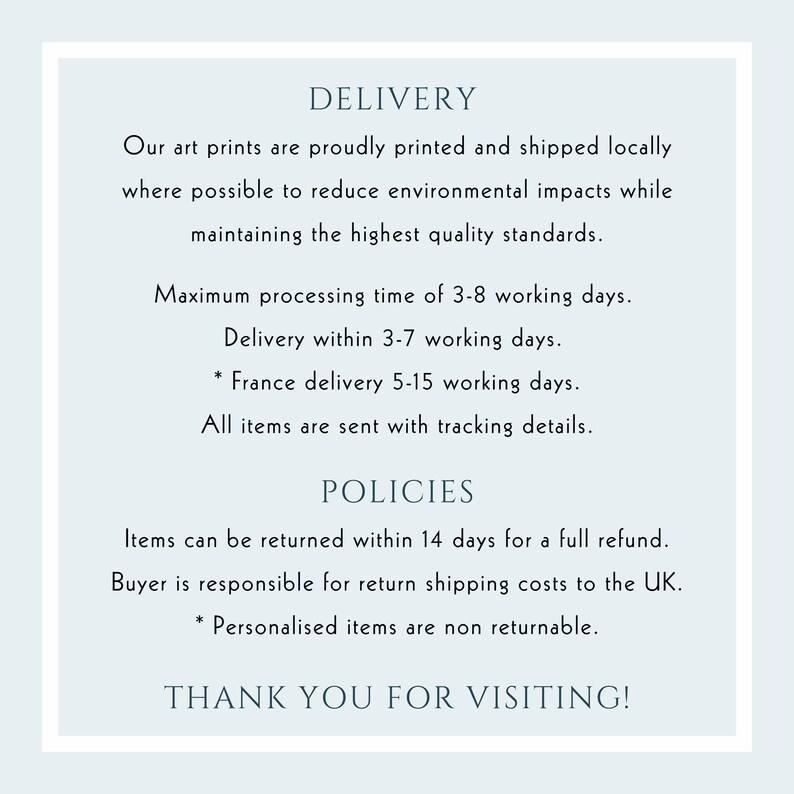 May include: Text on a white background with blue accents. The text reads "DELIVERY" and includes information about shipping and return policies. The text also includes the phrase "THANK YOU FOR VISITING!"