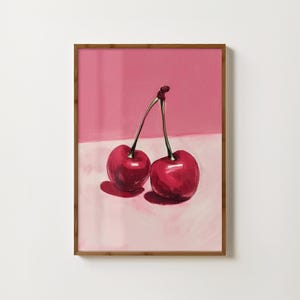 Impresión de cerezas, arte de pared de cerezas, pintura de cerezas, póster de mercado de frutas, impresiones de cocina, decoración de cafetería de moda, impresión artística de frutas, decoración de cocina rosa