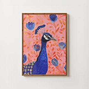 Estampado floral de pavo real Arte de pared ecléctico de pavo real Estampado de pájaro exótico Póster de pavo real Pintura de pájaro brillante Decoración de pavo real Ilustración de pavo real