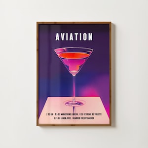 Impresión de cóctel de aviación, póster de cóctel retro, arte de pared de cocina, decoración de carrito de bar, pósteres retro de alcohol, impresión de bebidas de moda, impresiones para comedor