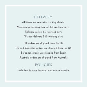 May include: A light blue graphic with the words "DELIVERY" and "POLICIES". The text details shipping information, including processing times and locations. It also states that items are made to order and non-returnable.