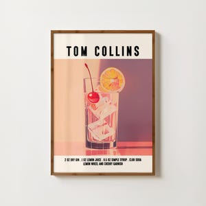 Impresión de arte de Tom Collins con receta de cóctel, póster retro de Tom Collins, impresiones de arte mural de Tom Collins, regalos de ginebra, decoración de bar, ginebra, impresión artística