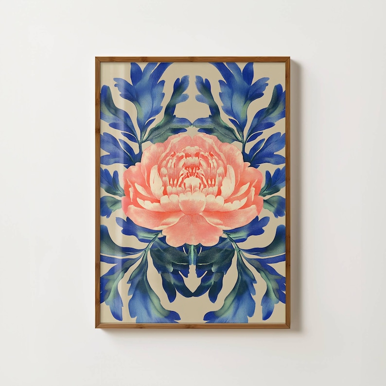 May include: A framed print of a pink peony flower with blue and green leaves on a beige background.