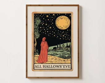 All Hallows Eve Tarot Card Print Vintage Halloween Wall Art Spooky Ghost Print Witchy Decor Farmhouse Halloween Prints Gothic Witch Painting