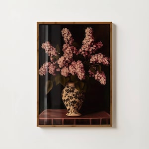 Cuadro de lilas vintage, estampado de flores lilas antiguas, arte de pared floral de estilo melancólico, estampado de flores moradas, decoración de estilo melancólico, póster de lilas, arte de pared morado