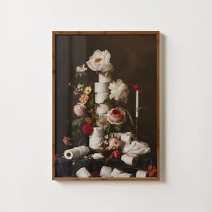 Impresión de papel higiénico con flores vintage, impresiones divertidas para el baño, arte de pared para el baño, decoración de baño antigua, impresión divertida para el baño, impresiones de arte barroco