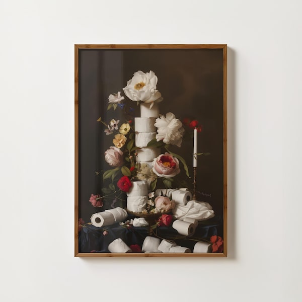 Impresión de papel higiénico con diseño floral vintage, divertidas impresiones para el baño, arte mural para el baño, decoración de baño antigua, divertida impresión de inodoro, impresiones artísticas barrocas.