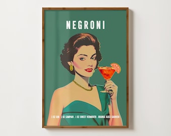 Negroni Print Retro Cocktail Print Negroni Poster Bar Cart Decor Kitchen Wall Art Negroni Cocktail Recipe Print Vintage Alcohol Poster