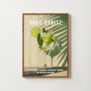 Impresión de Hugo Spritz, arte de pared con cócteles, póster de Hugo Spritz, decoración de carrito de bar, impresión de pared de cocina, póster con receta de cóctel, impresión de happy hour, arte con alcohol