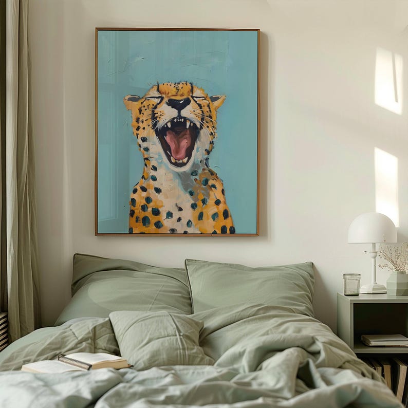 Blue Cheetah Print Eclectic Cheetah Wall Art Preppy Leopard Poster Bohemian Animal Painting Quirky Dorm Decor Maximalist Big Cat Art image 2