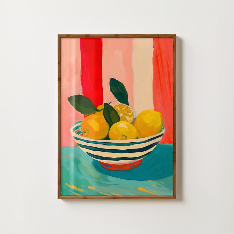 May include: A bowl of lemons with green leaves, painted in a colourful style. The bowl is white with blue stripes and sits on a turquoise surface. The background is a pink and red striped pattern.