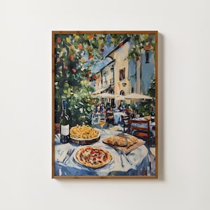 Italian Dining Print Dinner Table Print Mediterranean Wall Art Italian Food Print Pizza Pasta Wine Print Vintage Kitchen Art Food Painting