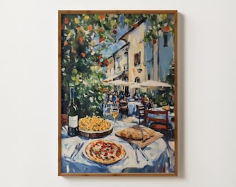 Italian Dining Print Dinner Table Print Mediterranean Wall Art Italian Food Print Pizza Pasta Wine Print Vintage Kitchen Art Food Painting