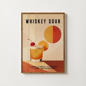 Impresión de whisky sour, arte de pared de cóctel retro, póster de whisky sour, decoración de carrito de bar, regalo de whisky, impresión artística de cóctel, impresiones de alcohol, decoración de cocina