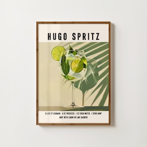 Impresión de Hugo Spritz, arte de pared con cócteles, póster de Hugo Spritz, decoración de carrito de bar, impresión de pared de cocina, póster con receta de cóctel, impresión de happy hour, arte con alcohol